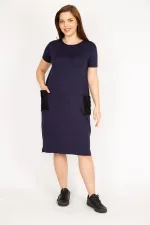 Kadın Lacivert Büyük Beden Cebi File Detaylı Kısa Kollu Viskon Elbise