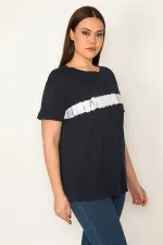 KADIN LACİVERT BİSİKLET YAKALI BASKILI BLUZ