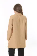 Kadın Büyük Beden Camel Keten Dokuma Ön Fermuar Ve Cepli Astarsız Ceket 65N37787