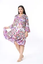 Kadın Büyük Beden Lila Ön Patı Düğmeli Volan Kollu Etek Ucu Katlı Elbise 65N38484