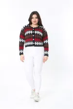 Kadın Büyük Beden Lacivert Baklava Desen Ön Düğmeli Triko Hırka 65N38863