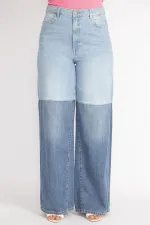 Kadın Mavi Büyük Beden Renk Detaylı Geniş Paça Kot Pantolon