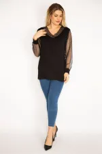 Kadın Mürdüm Yaka Ve Kolları Simli Tül Bluz 65N35185