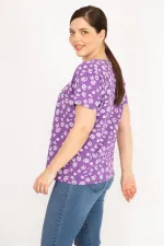 Kadın Lila Büyük Beden Pamuklu Kumaş Kısa Kollu Desenli Bluz