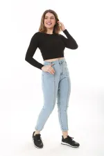 Kadın Büyük Beden Mavi Kup Dikiş Detaylı Likralı 5 Cep Kot Pantolon 65N37641