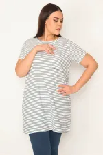 KADIN KEMİK PAMUKLU KUMAŞ BİSİKLET YAKA ÇİZGİLİ BLUZ