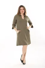 Kadın Büyük Beden Haki V Yakalı Cepli Krep Elbise 65N37658
