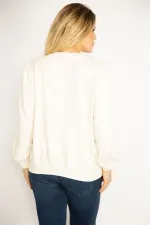 Kadın Kemik 3 İplik Kalın Ön Baskılı Omuz Büzgülü Ribanalı Sweatshirt 65N34846