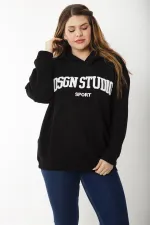 Women's Plus Size Black Embroidered Inside and Hooded Detailed Sweatshirt 65N37203