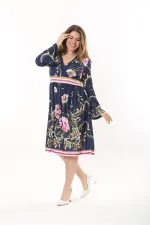 Kadın Büyük Beden Lacivert Anvelop Yakalı Bel Büzgülü Uzun Elbise 65N37550