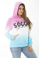 Kadın Büyük Beden Renkli İki İplik Sim Ve Ön Baskı Detaylı Kapşonlu Sweatshirt 65N37162