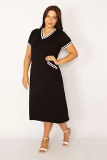 Kadın Lacivert Ribana Detaylı V Yakalı Cepli Elbise 65N34160