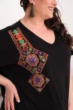 Kadın Büyük Beden Siyah, Nakış Rahat Kesim Elbise 65N39442