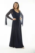 Kadın Büyük Beden Lacivert Bel Detaylı Kolları Tül Abiye Elbise 65N37065