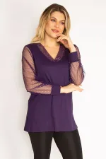 Kadın Mürdüm Yaka Ve Kolları Simli Tül Bluz 65N35185