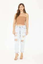 Kadın Büyük Beden Mavi Yırtık Detaylı 5 Cep Kot Pantolon 65N36812