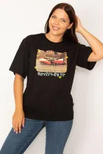 Kadın Siyah Pamuklu Kumaş Dijital Baskılı Bluz 65N34568