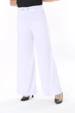 Kadın Büyük Beden Beyaz Kemer Aksesuarlı Geniş Paçalı Cepsiz Pantolon 65N37818