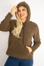 Kadın Haki Kapşonlu Kanguru Cep Polar Sweatshirt 26A35074