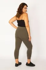 Kadın Haki Pamuklu Kumaş Paçası Büzgü Detaylı Tayt Kapri  65N34125