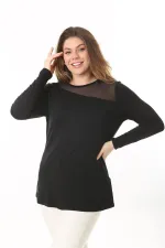 Kadın Büyük Beden Siyah Ön Ve Arka Yakası Tül Detaylı Uzun Kollu Bluz 65N37538