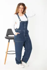 Salopette en jean bleu marine pour femme, boutonnée et à bretelles dissimulées, 65N37372