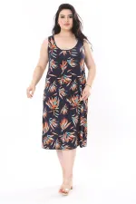 Kadın Büyük Beden Renkli Bisiklet Yakalı Göğüs Pileli Kolsuz Uzun Elbise 65N37946