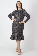 WOMEN'S NAVY BLUE PLAID PATTERNED COLLAR DETAILED DRESS WITH FLOUNCED HEM