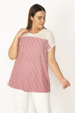 Kadın Kırmızı Ön Robası Dantel Detaylı Düşük Kollu Çizgili Bluz 65N27394