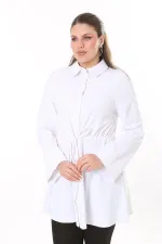 Kadın Büyük Beden Beyaz Ön Düğmeli Beli Tünel Bağcıklı Likralı Tunik Elbise 65N37700