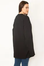 Kadın Siyah Büyük Beden Pamuklu Kumaş Taş Detaylı Tunik 65N35776
