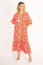 Kadın Kırmızı Dokuma Viskon Kumaş Volan Kollu Etek Ucu Katlı Elbise 65N34435