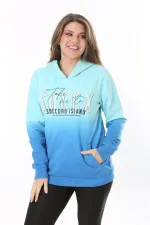 Kadın Büyük Beden Renkli İki İplik Sim Ve Ön Baskı Detaylı Kapşonlu Sweatshirt 65N37162