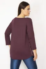 Kadın Mürdüm Ön Desenli Fermuar Patlı Kapri Kol Bluz 65N34386