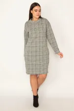 KADIN GRİ EKOSE DESENLİ SIFIR YAKA YAN CEPLİ ELBİSE