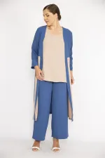 Kadın Büyük Beden İndigo Hırka İç Bluz Ve Pantolon Üçlü Takım