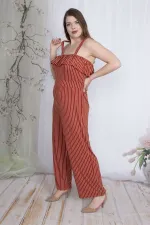 Kadın Tarçın Çizgili Volan Detaylı Askılı Tulum 65N23736