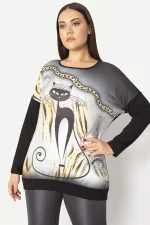 Kadın Siyah Kedi Figürlü Baskı Ve Taş Detaylı İki Renkli Tunik 65N29344