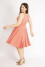 Kadın Nar Büyük Beden Anvelop Yakalı Arka Bel Lastik Detaylı Elbise