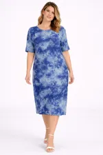 Kadın Büyük Beden Mavi, Batik Desen Viskon Elbise 65N39469