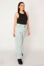 KADIN MAVİ SİLİK BASKILI MOM JEAN PANTOLON