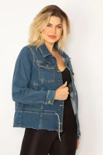 Kadın Lacivert Bel Bağcık Detaylı Etek Ucu Pis Dikişli Likralı Kot Mont 65N34312