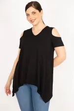 Kadın Saks Büyük Beden Omuz Dekolteli Asimetrik Kesim Viskon Bluz