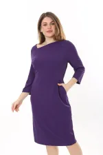 Kadın Büyük Beden Mor Likralı Krep Kumaş Astarlı Gizli Fermuarlı Elbise 65N37656