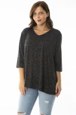 Kadın Büyük Beden Antrasit V Yakalı Kapri Kol Desenli Bluz 65N36959