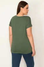 KADIN HAKİ V YAKALI KISA KOLLU BASİC BLUZ