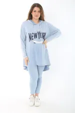 Kadın Büyük Beden Mavi Payet Detaylı Arkası Uzun Kapşonlu Sweatshirt 65N37463