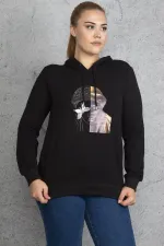 Kadın Siyah Ön Baskı Ve Taş Detaylı Kapşonlu Sweatshirt 65N18832