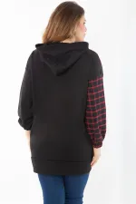 Kadın Büyük Beden Siyah Ekose Garnili Kapşonlu Sweatshirt 65N37289