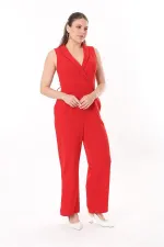 Kadın Büyük Beden Kırmızı Anvelop Yakalı Geniş Paçalı Tulum 65N37734